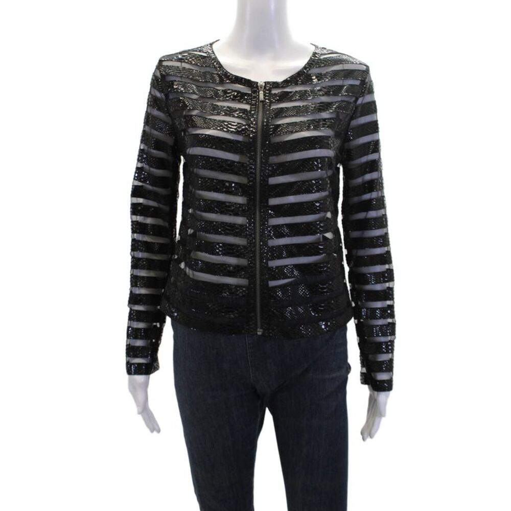 Natto Womens Leather Embossed Mesh Trim Zip Front Jacket Black Size Small